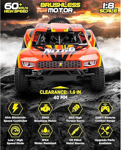 1/8 Scale Brushless RC Cars for AdultsMax 40mph Electric Off-Road Monster TruckWaterproof High Speed RC Car 4WD Remote Control Car with 3S Lipo 30+ Min Play All Terrain