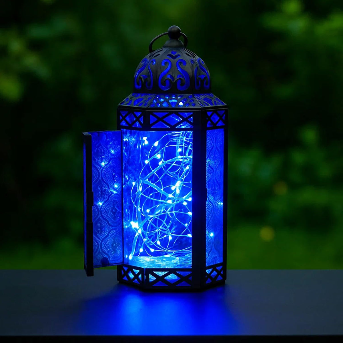 Vela Lanterns Decorative Indoor Moroccan Candle Holder & LED Fairy Lights -Twinkle Turkish Lamp, Fantasy Home Decor Table Centerpieces, Hanging Outdoor Patio Porch Wedding Ramadan (10.5", Blue)