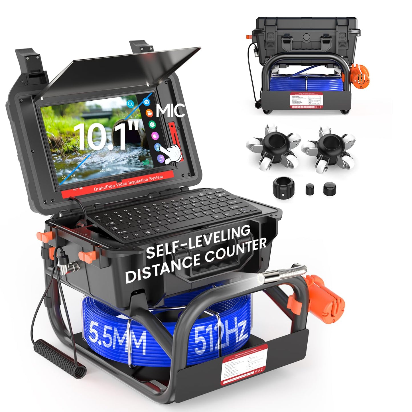 Sewer Camera, 10.1" 1080P Touchscreen Sewer Pipe Inspection Camera with 512Hz Transmitter, Self-Leveling, Distance Counter for Drain Plumbing Pipe, IP68 Waterproof DVR Recorder/Audio-16 GB, 165FT