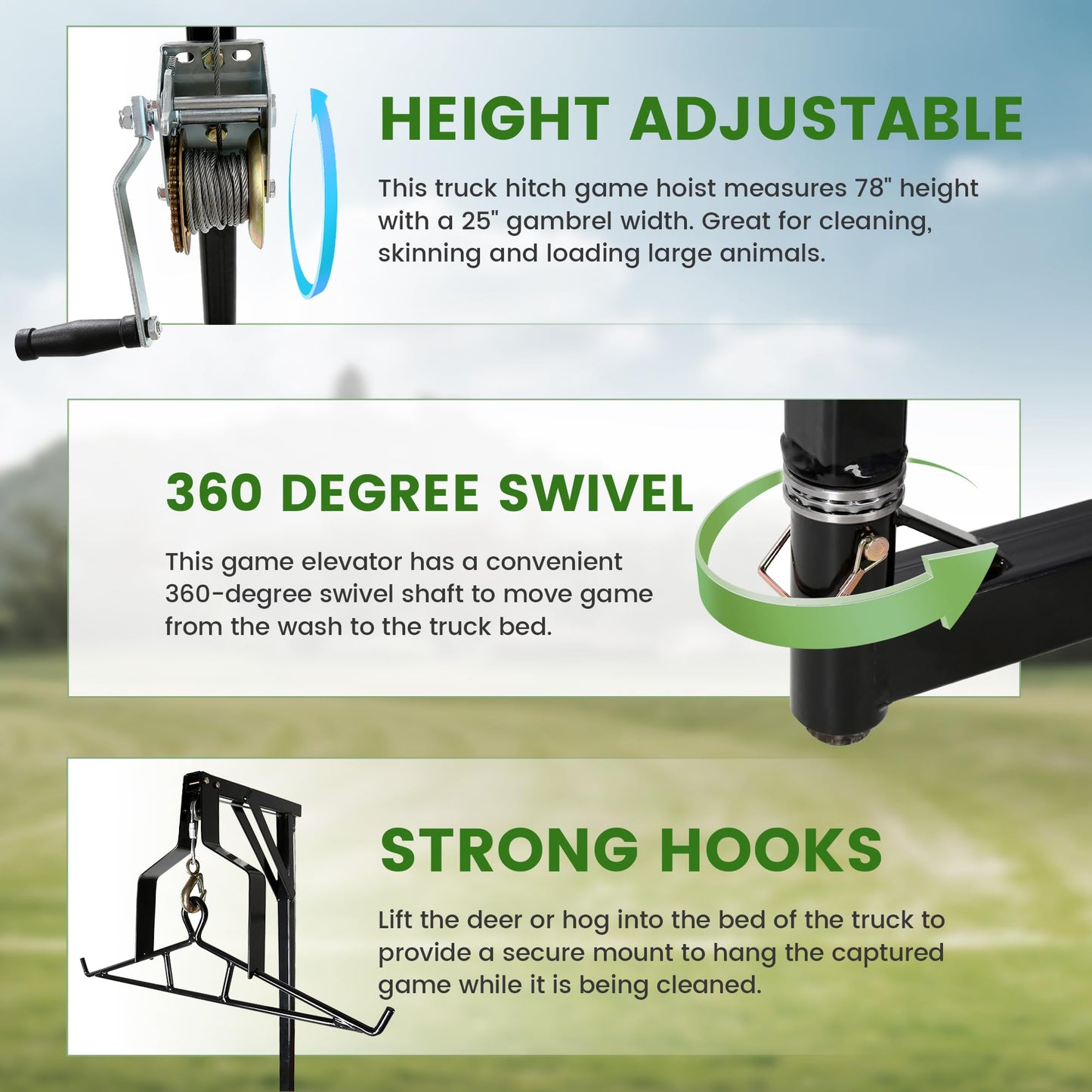 ECOTRIC Truck 2" Hitch Game Hunting Hoist, 600LB Big Game Hunting Deer Hoist, Include Gambrels Winch for Skinning or Cleaning Game, Winch Lift Gambrel Set 360 Degree Swivel Hitch Mounted