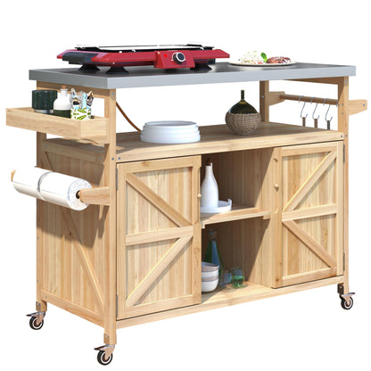Sailret Outdoor Kitchen Island with Stainless Steel Top, Rolling Bar Cart & Storage Cabinet, 100% Solid Fir Wood BBQ Prep Station Grill Table with Spice Rack & Towel Holder (Natural, 50-Inch)