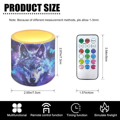 NETILGEN Flameless Candles with Remote Control Timer LED Pillar Candles Set of 4 Battery Operated Candles for Home Living Room Decor Blue Galaxy Wolf Print