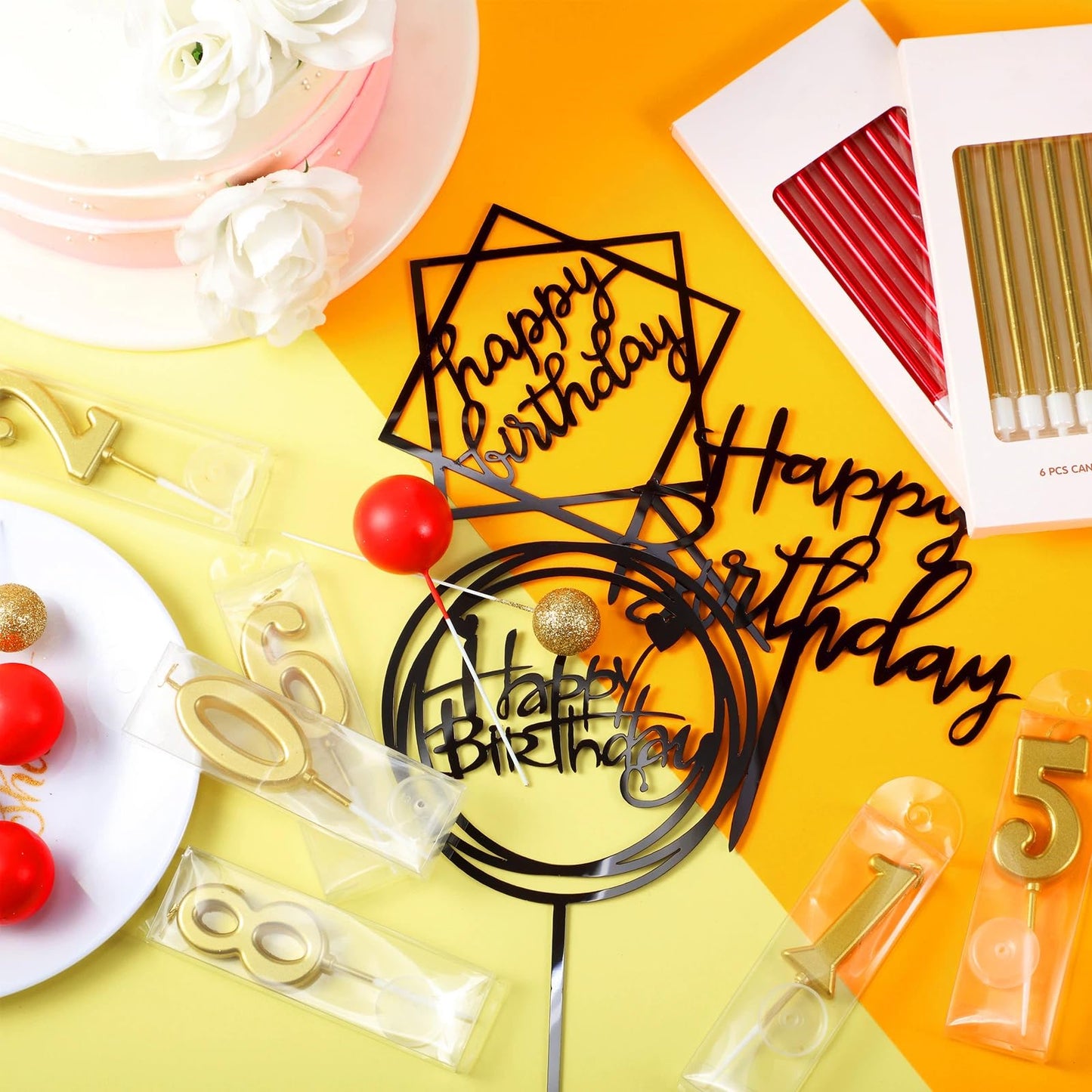Yerliker 34 Pcs Happy Birthday Cake Toppers Decorations Birthday Candles DIY Cake Decor for Men Women Wedding Anniversary(Black Red Gold)