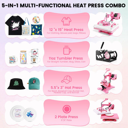 Whubefy Heat Press 12x15 inch 5 in 1 Combo with Mug Press, 360° Swing Away Digital Shirt Press Machine, Industrial-Quality Heat Transfer Sublimation for T-Shirt/Tumbler/Mug/Hat/Cap/Plate