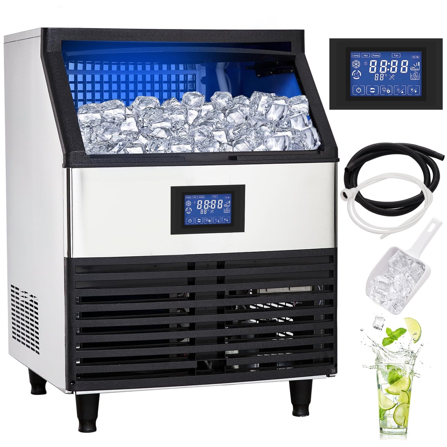 Commercial Ice Maker Machine, 440 LB/24H, 160 Cubes in 5-15 Min, 88 LB Storage Bin, Under Counter Stainless Steel Ice Making Machine for Home Bar Restaurants