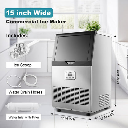 Amzgachfktch Commercial Ice Maker, 100lbs/24H Ice Maker Machine, Auto Self-Cleaning, LED Digital Display, Blue Light, Under Counter/Freestanding Ice Machine for Home/Office/Restaurant/Bar