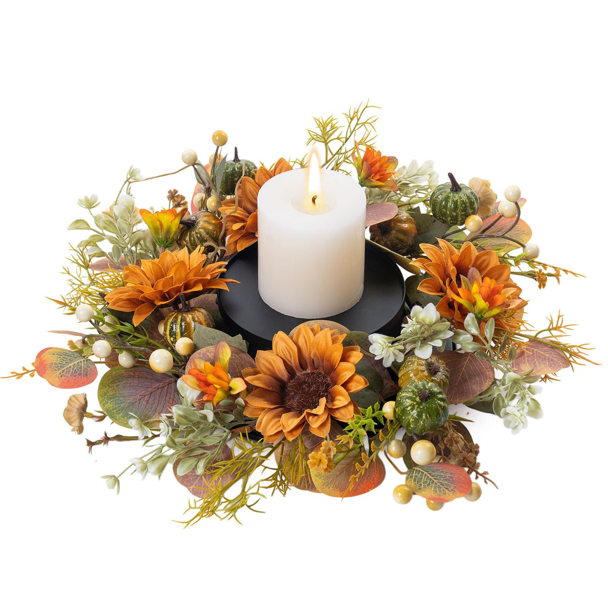 MOYEE Autumn Candle Holder Centerpieces for Tables,Candle Ring, Black Metal Candlestick with an Artificial Wreath 14 in Versatile Dining Table Centrepiece (Caramel Sunflower Wreath)