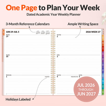 SUNEE Academic Planner 2026-2027 – Weekly & Monthly Planner, July 2026 to June 2027, 8.5"x11", Thick Paper, Tabs, Pockets, Bookmark, Spiral-Bound, Student Teacher Organizer, Blushing Abstract Breeze