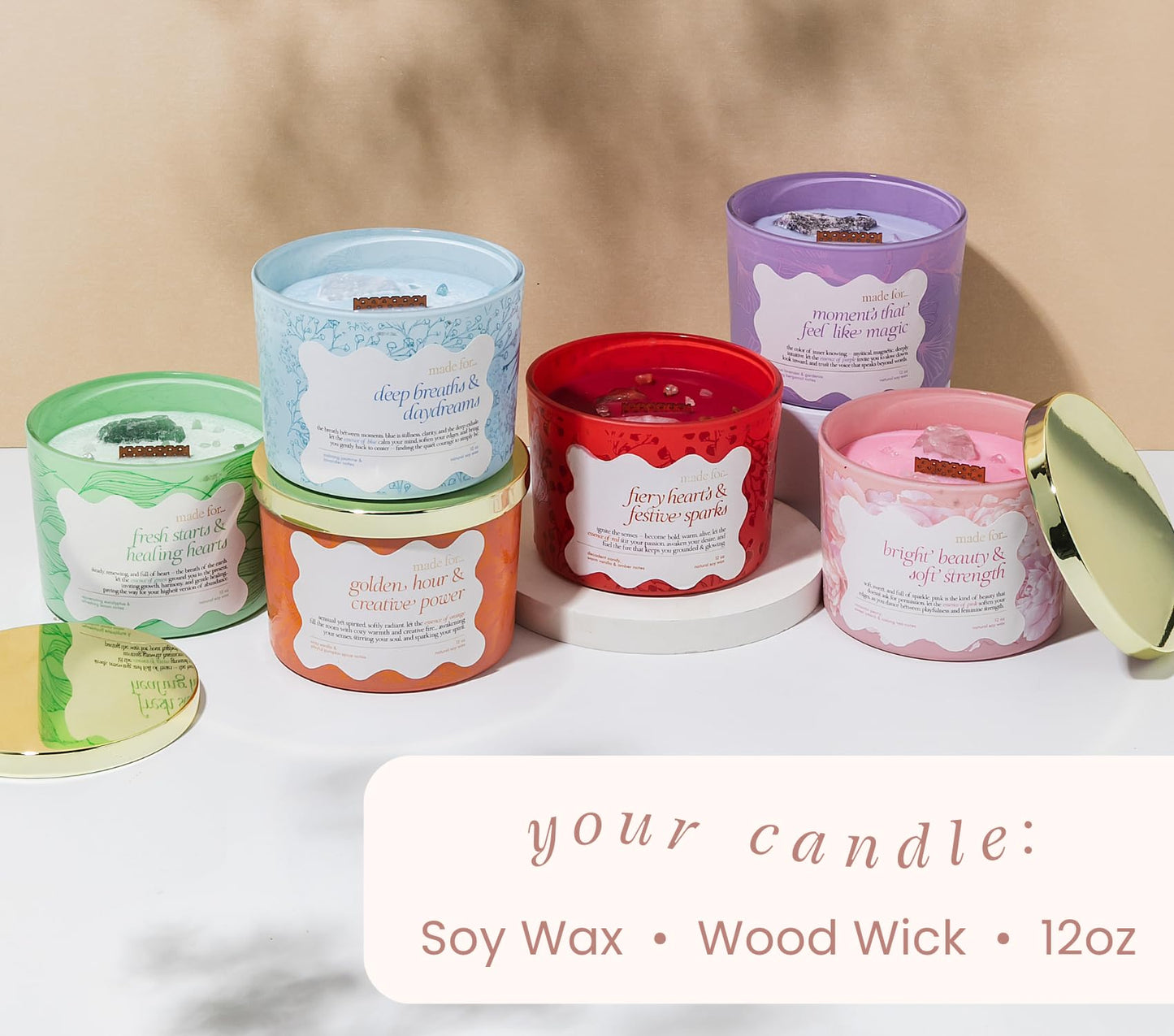 Pink Crystal Candle for Women – 12oz Large Luxury Soy Wax with Crackling Wood Wick, Slow Burn Meditation with Healing Crystals, Birthday or Mother’s Day Gift