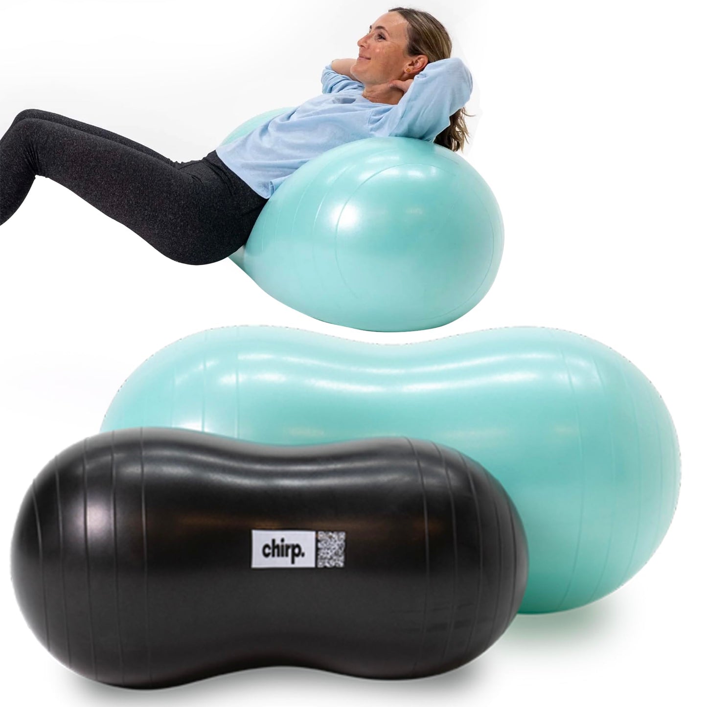 Chirp Cloud Peanut Mobility Ball for The Back, Physical Therapy Massager for Adults, Exercise Balance Ball, Sensory Therapy Toys for Autism & ADHD - 2 Pack (Mint 100x50cm, Black 60x30cm