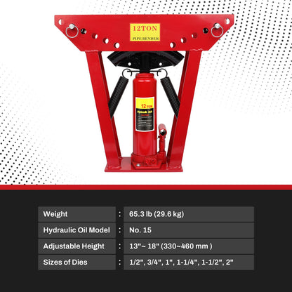 12 Ton Hydraulic Pipe Bender, Manual Copper Tubing Bender with 6 Dies (1/2",3/4",1",1-1/4",1-1/2",2"), 90°-180° Adjustable Rollers for Steel Iron Metal Ratcheting