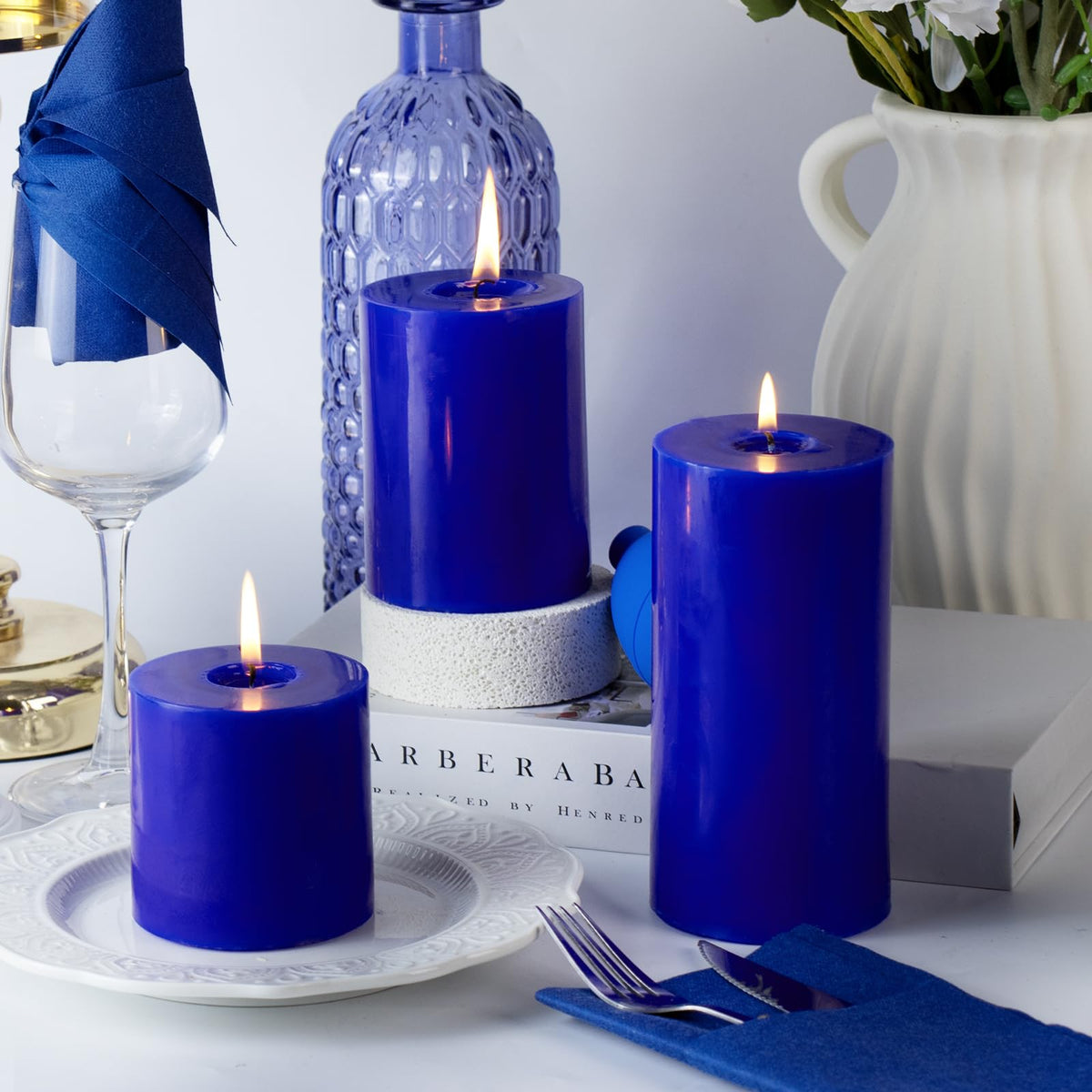 KONNI Classic Blue Pillar Candles Set of 3, 3"x 4" Unscented Pillar Candles Bulk, 42 Hours Long Burning Candles, Smokeless&Dripless Large Round Candle for Wedding, Home Decoration, Parties, Spas