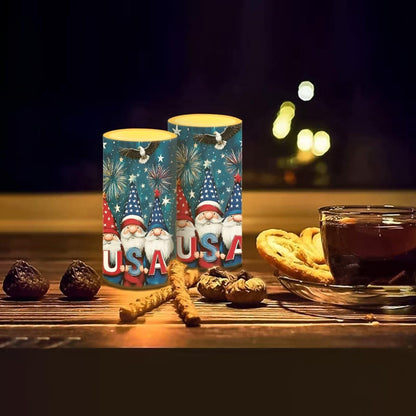 NETILGEN USA Flag Cute Gnome Print 2 Pcs Flameless Candles Battery Powered LED Pillar Candles with Timer Remote 4th of July Patriotic Independence Day Decor