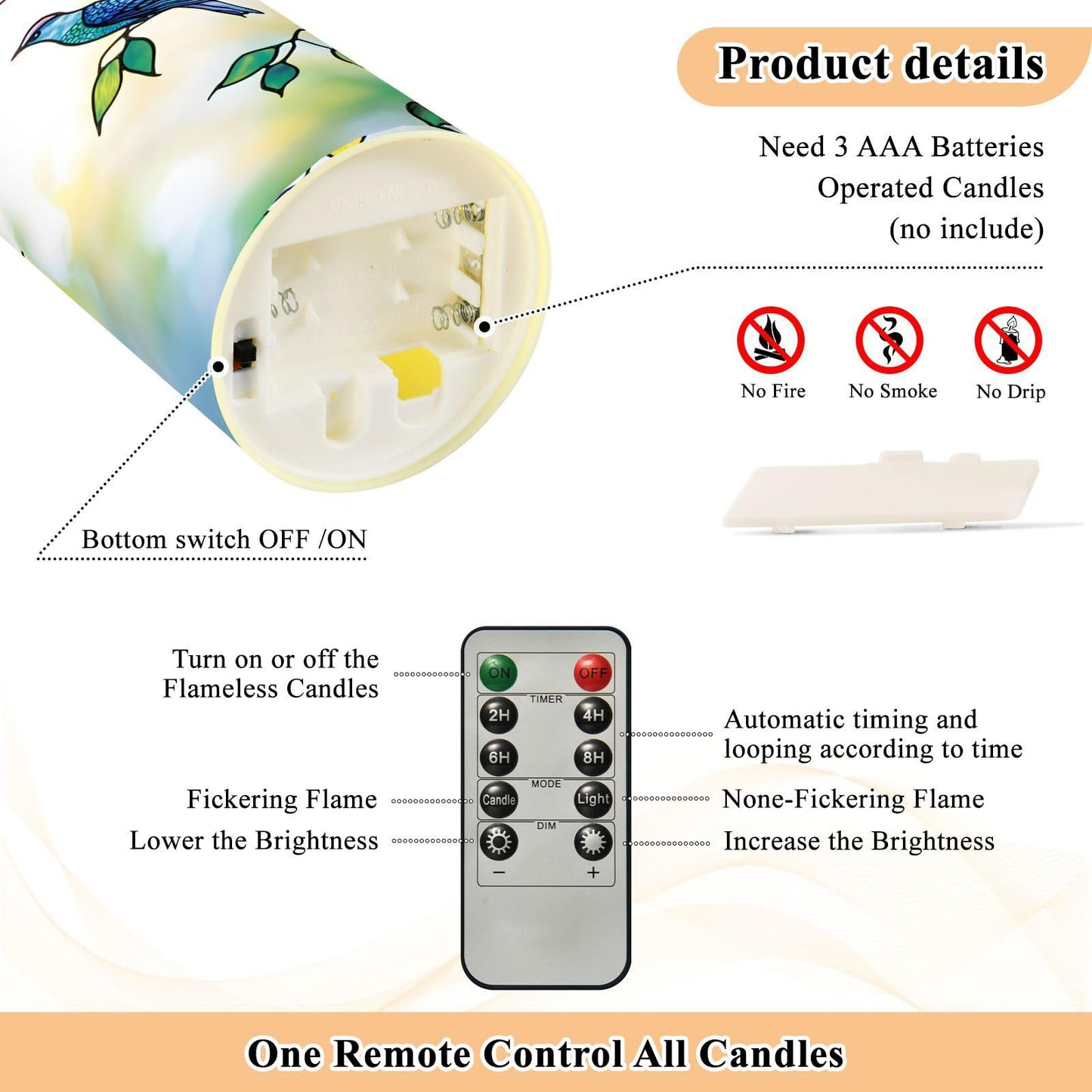 Flameless Candles Set of 2 Bird Leaf Stained Glass Realistic LED Candles with Remote Battery Operated Holiday Decorations