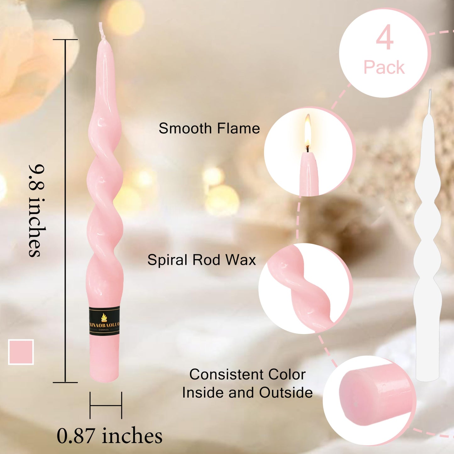 Unscented Taper Candle Pink Candlesticks 4 PCS Candle Stick Candle for Christmas Dinner Household Wedding Party Home Décor Candlesticks