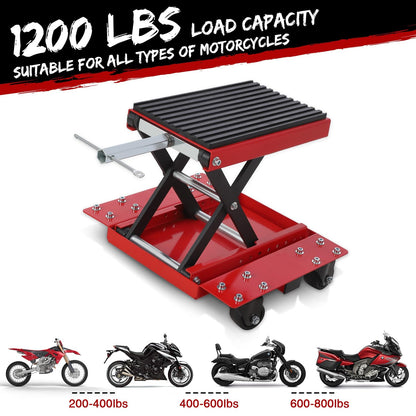 1200 LBS Motorcycle Lift, Dirt Bike Scissor Jack Lift Table with Hand Crank & Caster Wheels, 4.7"-15.4" Height Adjustable Center Hoist Stand for ATVs, Cruiser, Touring Motorcycles
