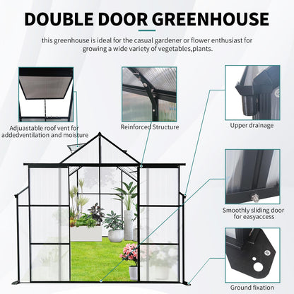 Ball & Cast 8X6 FT Greenhouse for Outdoors,Double Sliding Door Polycarbonate Raised Plant Base with Drainage System & Galvanized Frame,Backyard Anchor Aluminum Heavy Duty Walk-in Green Houses,Black
