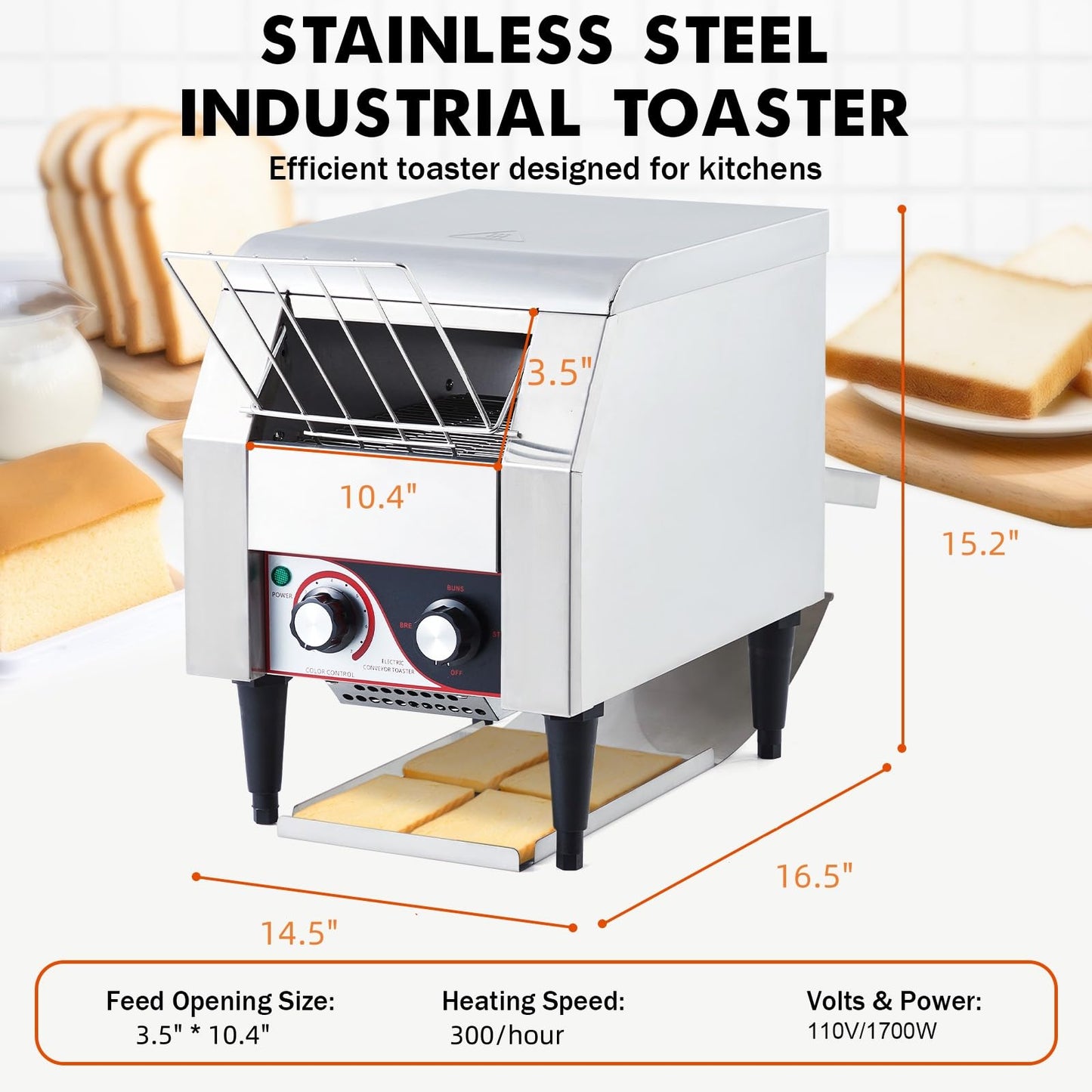MERXENG Commercial Toaster Conveyor 300 Slices/H Heavy Duty Industrial Conveyor Toaster Stainless Steel Electric Oven with Dual Heating Tube 7-speed Adjustments for Bagel Croissant