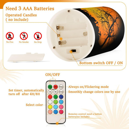 ALAZA Orange Halloween Castle Bat Flickering Flameless Candles Battery Operated with Remote Timer,Tea Light Candles LED Pillar Votive Candles Set of 2 for Outdoor Indoor Decorations 14