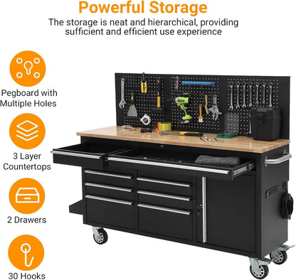 GarveeLife 61-Inch Rolling Tool Chest with 10 Drawers Garage Workbench, Solid Rubberwood Top, Storage Cabinet with Wheel Lock and Key Lock for Workshop, Garage, Kitchen and Home