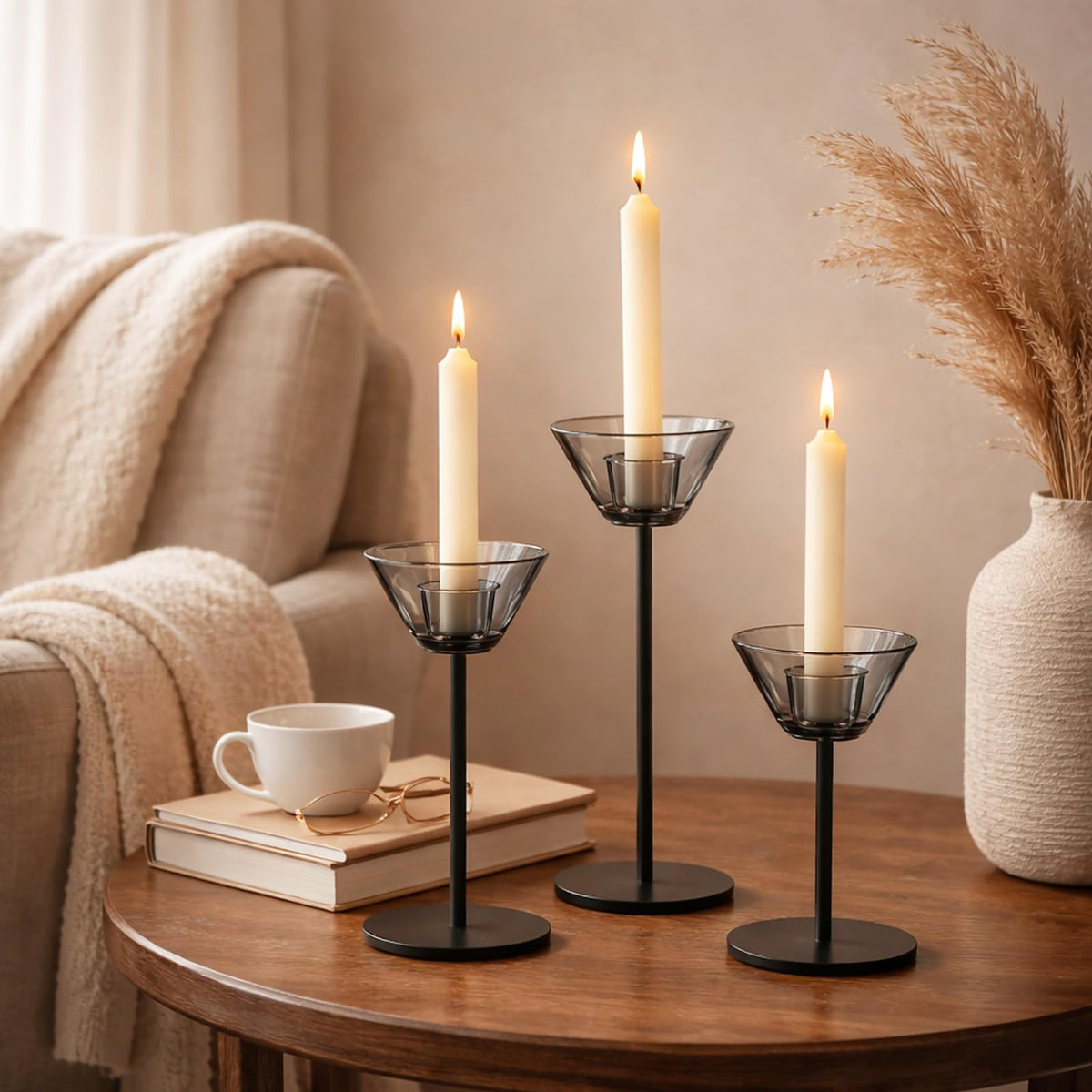 Smytle Smoke‑Gray Candlestick Holders, Set of 3 Smoked Glass Candleholder Sets with Weighted Metal Base, Modern Minimalist Taper Candle Holders for Fireplace Mantel and Table Decor