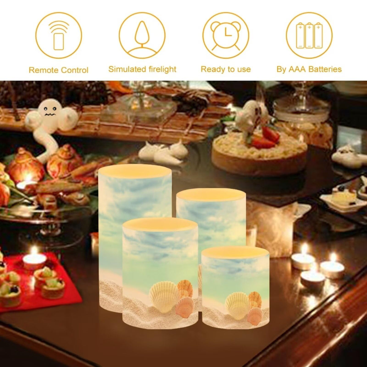NETILGEN Flameless Candles with Remote Control, Set of 4, Color Changing Flickering Flameless LED Pillar Candles with Battery Operated, Beach Seashell Blue Decor