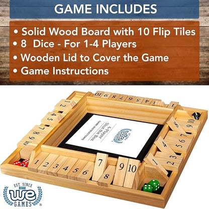 WE Games Shut The Box Board Game - Classic 4 Player Wooden Table Top Dice Game for Family Game Night Natural Wood 14 in. 10 Numbers Classroom Play or Bar Fun for Adults