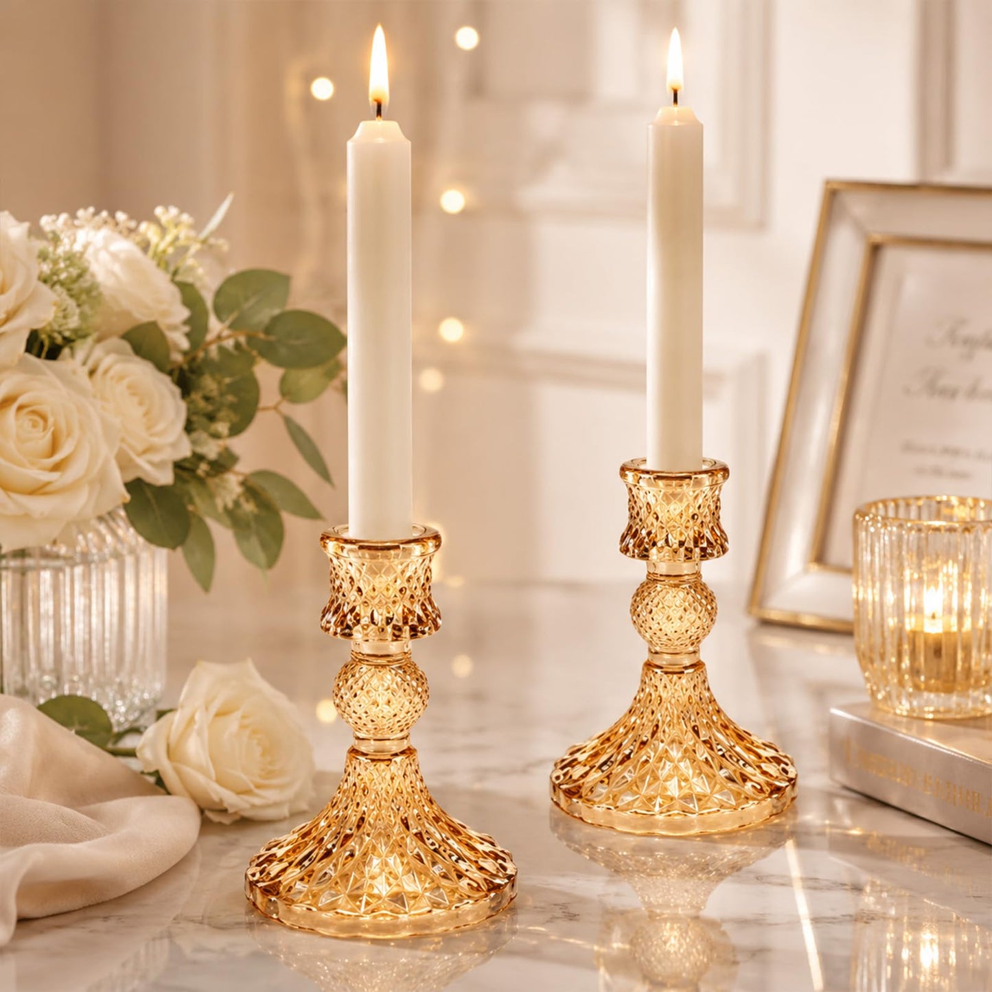 DARJEN Candlestick Holders Set, 12Pcs 4" H Taper Candle Holders Bulk, Glass Candle Holders for Wedding, Festival, Party & Windowsill Decor, Gold