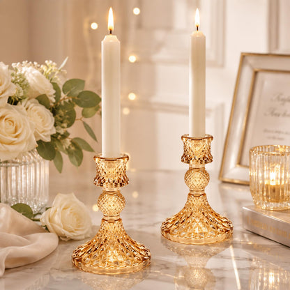 DARJEN Candlestick Holders Set, 12Pcs 4" H Taper Candle Holders Bulk, Glass Candle Holders for Wedding, Festival, Party & Windowsill Decor, Gold