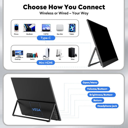 16" 2.5K Wireless Portable Monitor with Battery 8000mAh, 500 Nits HDR Display, 125% sRGB, USB-C / Mini HDMI External Travel Monitor, Auto Rotation, VESA Compatible for MacBook, iPhone, iPad, Windows