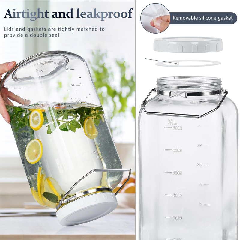 Folinstall 2 Gallon Large Glass Jar with Lid, Wide Mouth Storage Jars with Stainless Handle, Extra Big Glass Container with 2 Scale Mark for Storing Food, Kitchen Organization, 7400 ML/250 OZ