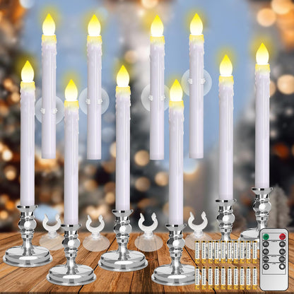 Flameless Candles 10 Pack Battery Operated Window Candles with Drip Texture,Remote Timer,10 Removable Candle Holders,10 Suction Cups,20 AAA Batteries for Home Decor Christmas Wedding (Sliver)