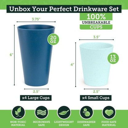 Grow Forward Premium Wheat Straw Cups - 13 & 20 oz Unbreakable BPA Free Hard Plastic Cups – Reusable Lightweight Plastic Drinking Glasses for Kitchen, Outdoor, Water, Camping, RV - Seascape