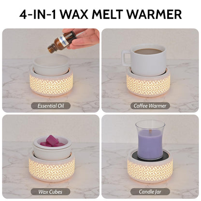 Ceramic Candle Warmer and Wax Melt Warmer with 7 Colors LED Night Light and 1 PC Silicone Liner,4-in-1 Electric Warmer for Jar Candle Wax Cube Essential Oil Coffee, Ideal Gift for Home Office Kitchen