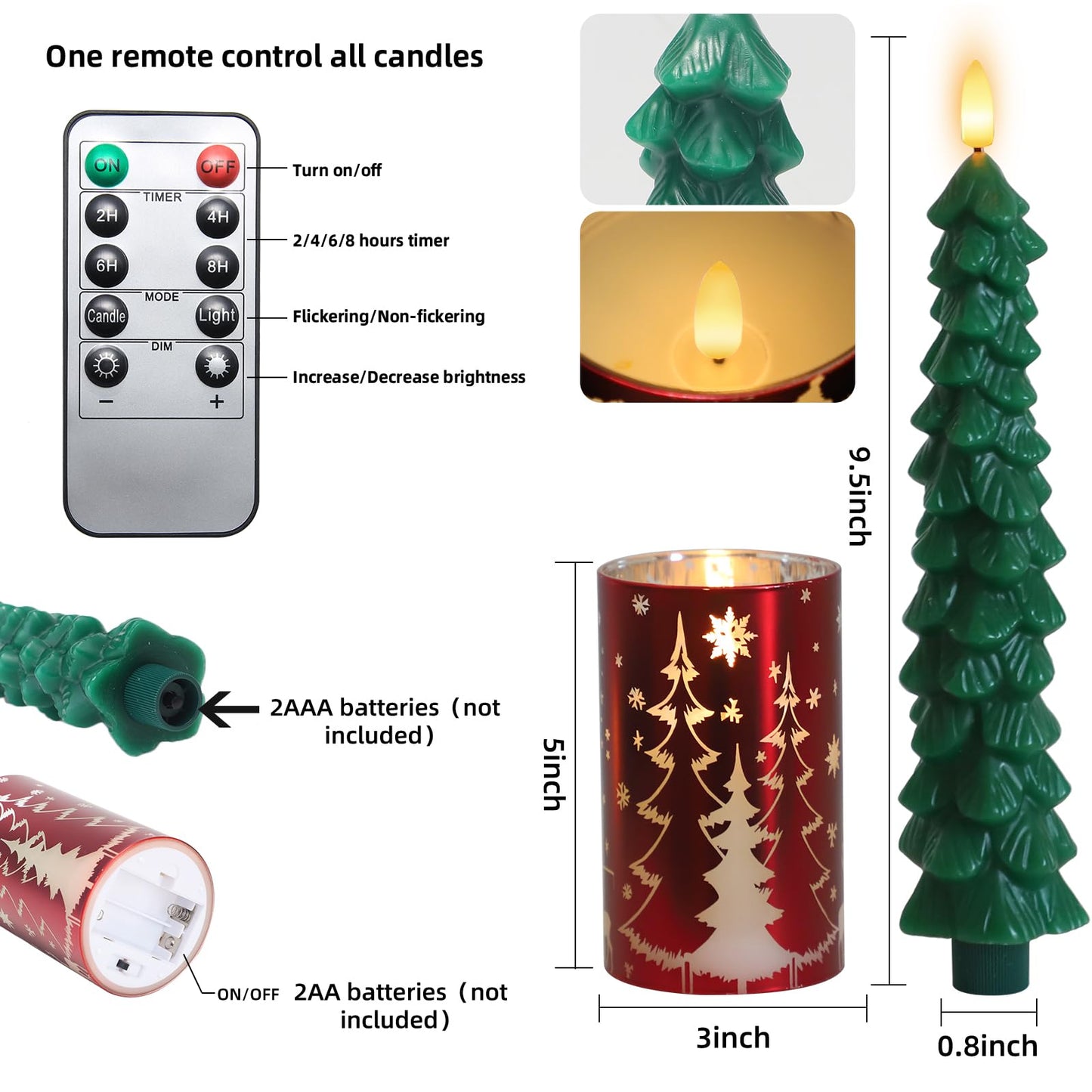 MUMCHASI Chritsmas Flameless Candles, Battery Operated Christmas Candles, Real Wax Glass Flickering LED Candles, Tree Candlestick for Home Christmas Decor, Remote Timer