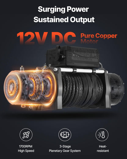 VEVOR Electric Winch, 13500 lbs Load Capacity, 12V DC Truck Winch with Φ3/8 in x 85 ft Synthetic Rope, Wireless & Wired Remote Control, IP55 Waterproof for Towing Off-Road SUV Jeep Trailer Boat