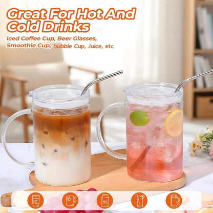 Sieral 2 Pack 33.8 oz Glass Tumbler with Straw and Lid Large Glass Cup with Handles Iced Coffee Glasses Reusable Drinking Glasses Set for Iced Coffee Smoothies Drink Juice for Birthday Valentine Gift