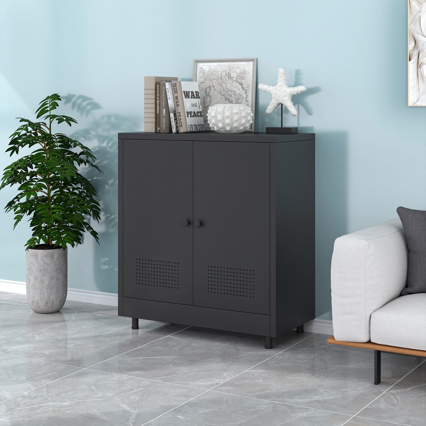 JINKUR Metal Storage Cabinet with 2 Doors and Adjustable Shelf, Steel Accent Sideboard Buffet Cabinet for Home, Office, Garage, Entryway, Living Room, Kitchen Pantry and Dining Room (Black)