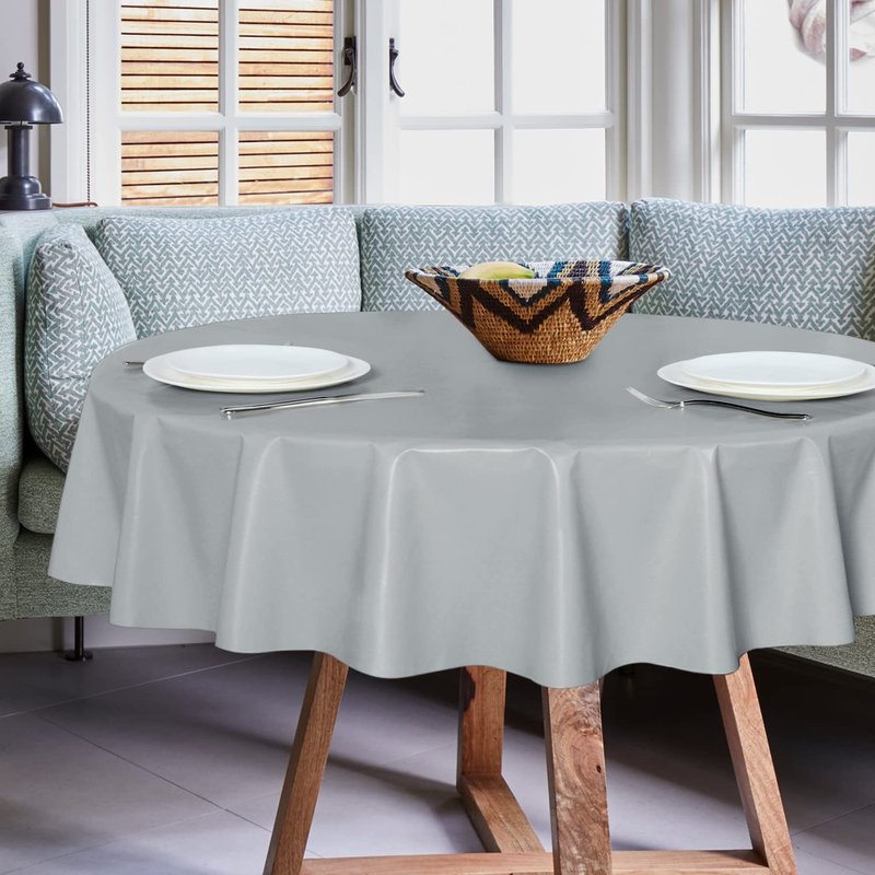 sancua 100% Waterproof Round PVC Tablecloth - 60 Inch - Oil Proof Spill Proof Vinyl Table Cloth, Wipe Clean Table Cover for Dining Tables, Buffet Parties and Camping, Silver Grey