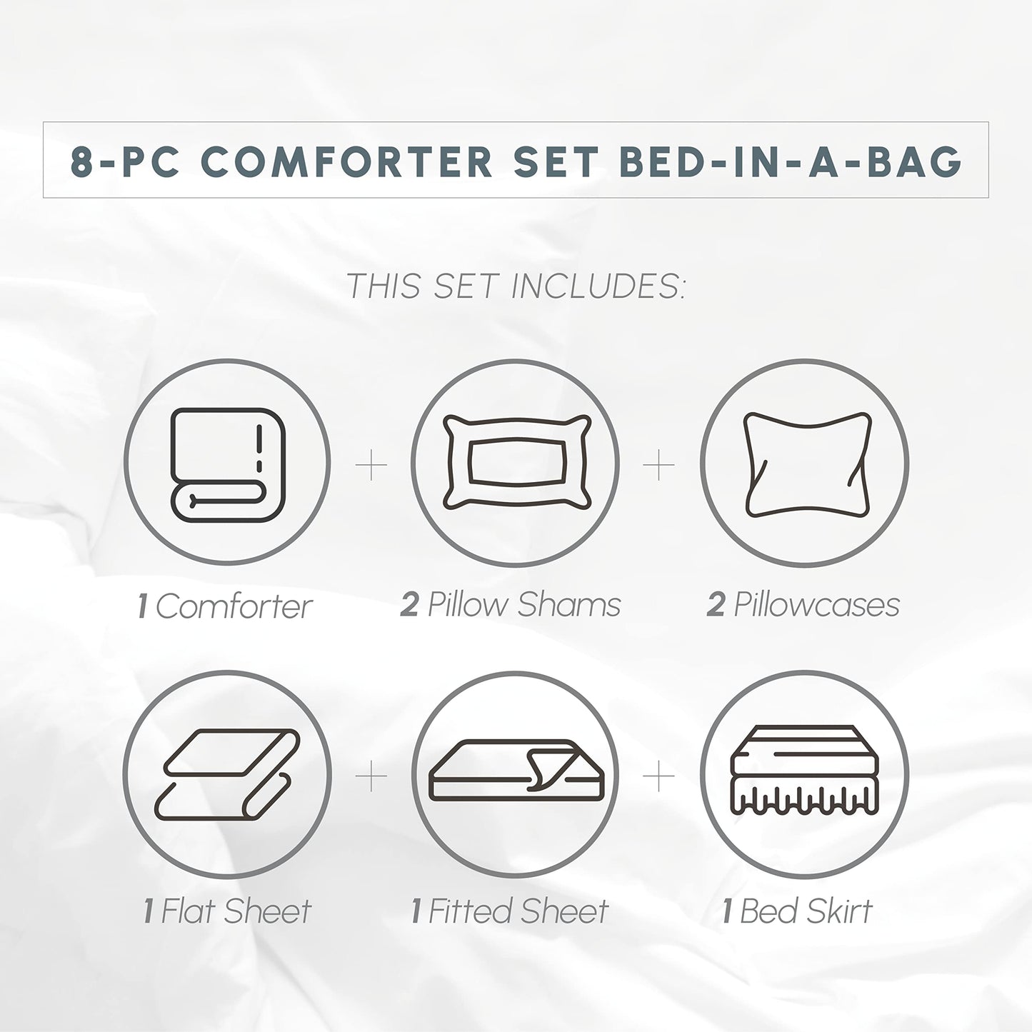 Elegant Comfort Cozy and Soft 8-Piece Bed-in-a-Bag All Season Comforter Set, Includes 4pc Smart Sheet Set, Bed Skirt, Comforter, Matching Pillowcases and Shams, Striped Design, King/Cal King, White