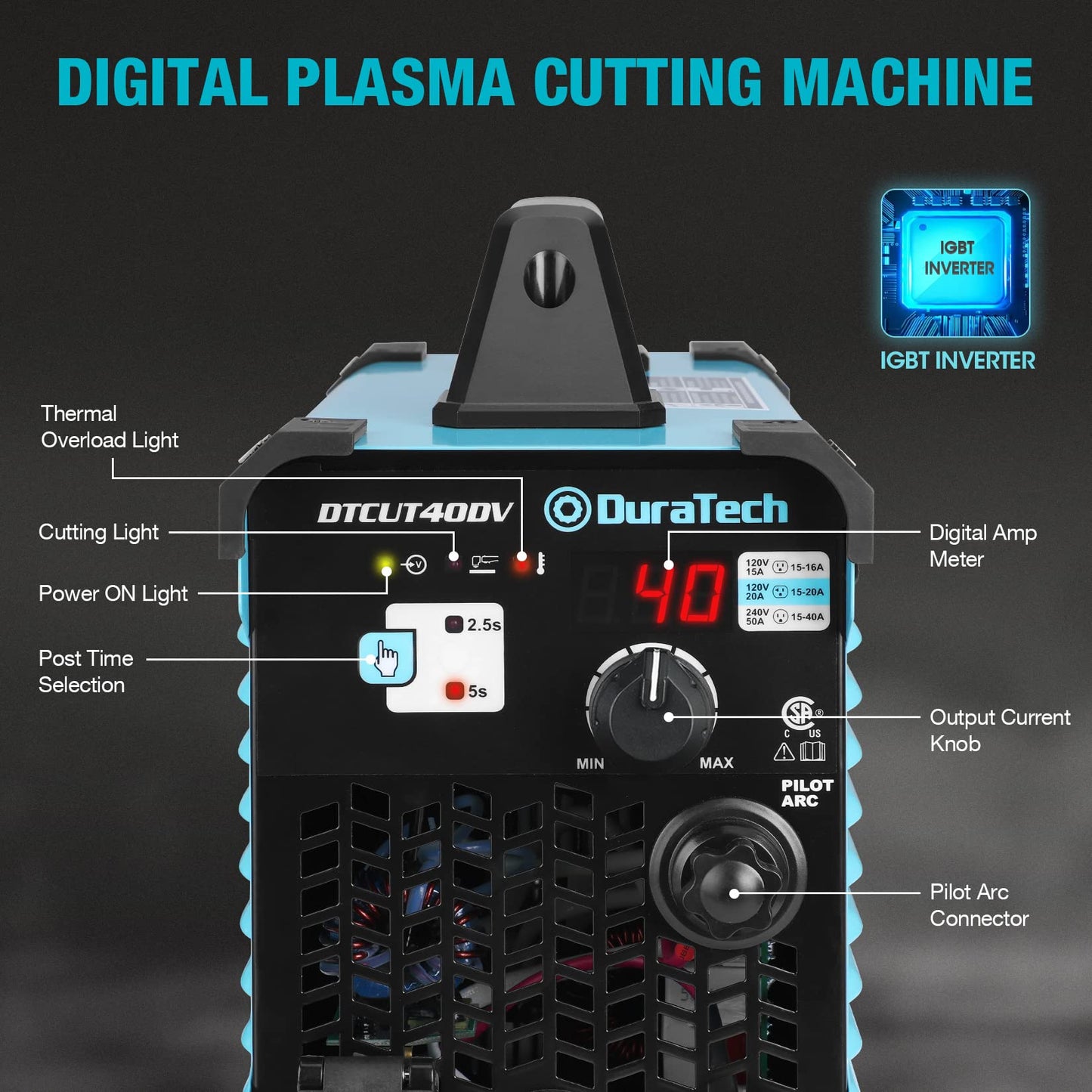 DURATECH Plasma Cutter, 40Amp Non-Touch Pilot Arc Plasma Cutting Machine with 120V/240V Dual Voltage IGBT Inverter, Digital Display and 50A to 15A Plug Adapter, Plasma Cutting Equipment 1/2" Clean Cut