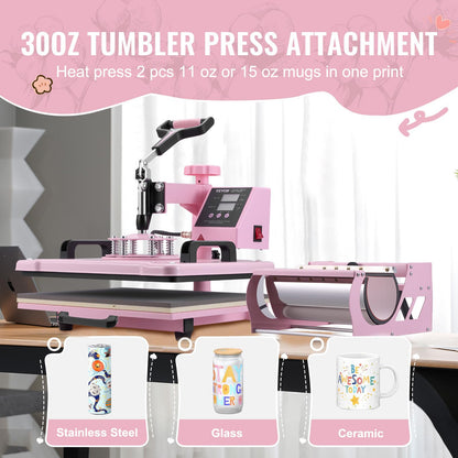 VEVOR Heat Press Machine 5 in 1 Combo with 30 OZ Tumbler Press & Hat Press, Slide Out 12x15 Inch Heat Press Sublimation Machine for T-Shirts, Hats Caps Tumblers Glass Cans Mugs, and Plates (Pink)