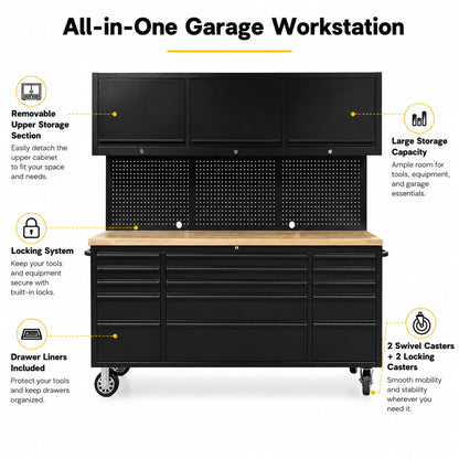 CHETTO C 72 inch Tool Chest Tool Box Mobile 15 Drawers Storage 3 Upper Cabinets SS-Pegboard Rolling Cabinet with Wheels Lock Key Locking System Drawer Liners for Garage Warehouse Repair Shop Black