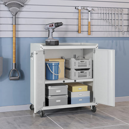 Manhattan Comfort Fortress Rolling Garage Storage Cabinet with 2 Adjustable Shelves, Lockable Metal Tool Compartment, Heavy-Duty Mobile Utility Organizer with Wheels, White