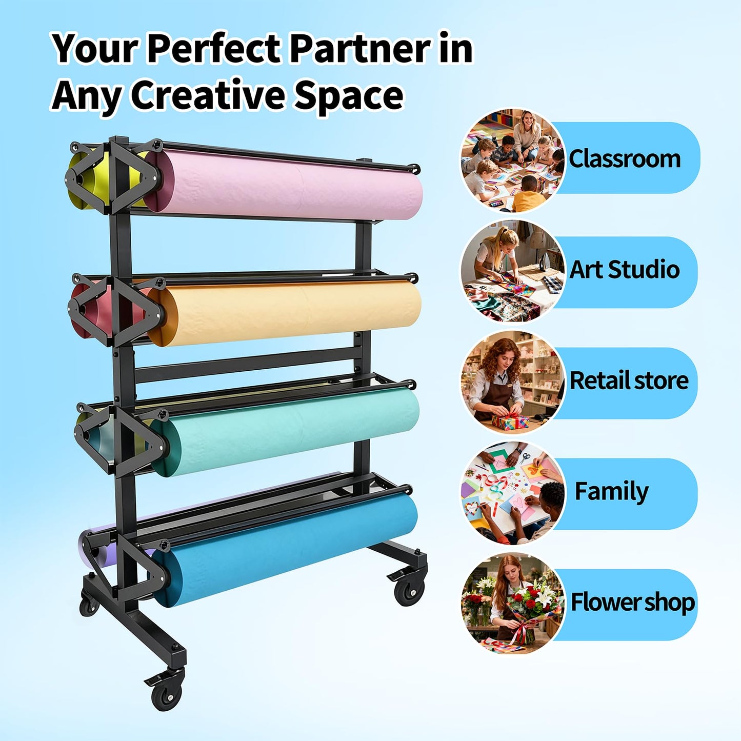 Paper Roll Holder 8-Rack Mobile Large Paper Roll Dispenser for 36 Inch Kraft, Gift Wrap, Art Paper & Vinyl Rolls, Heavy-Duty with Locking Casters for Classroom & Studio Use