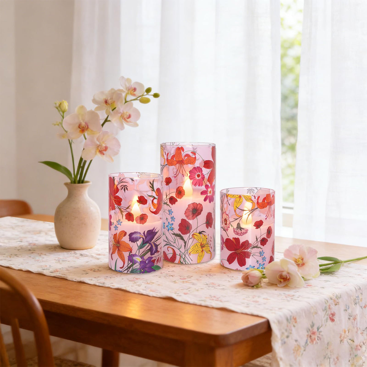Impress Life Floral Flameless Candles with Remote, 3PCS Battery Operated LED Pillar Candles, Flickering Real Wax Glass Candles for Spring Decor Home Wedding Table Centerpiece Gift