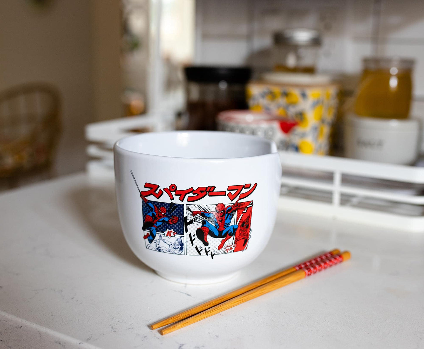 Silver Buffalo Marvel Spider-Man Japanese Manga Comic Panels Ceramic Ramen Noodle Rice Bowl with Chopsticks, Microwave Safe, 20 Ounces