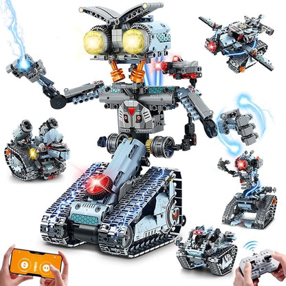 Robot Building Toy with Lights 5 in 1 Robotic Building Set with APP &amp Remote Control RC Tech Tracked Tank Car Fighter Jet Model Kit 795 PCS Easter Gift for Kids Boys Girls Ages 8+