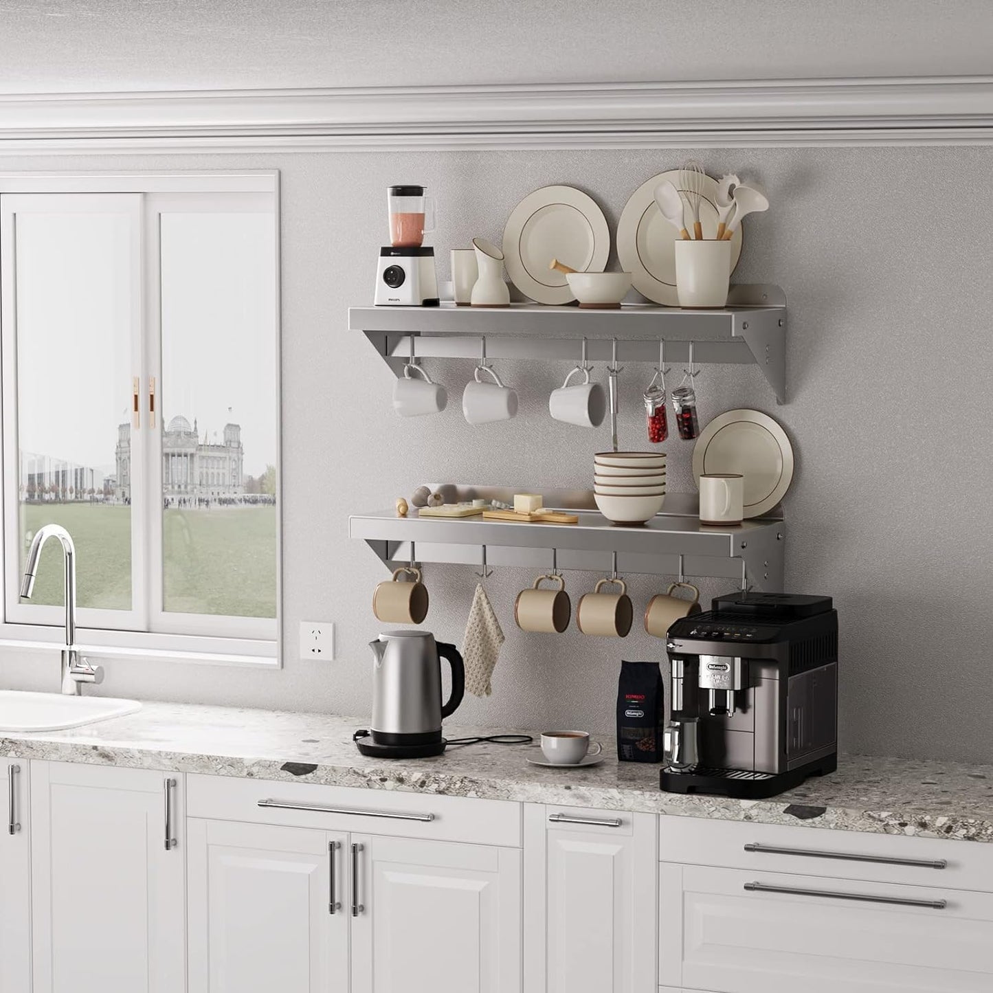 DEXSO 2 Pack Stainless Steel Wall Mount Shelves 12" x 36" NSF Certified with 6 Hooks - Versatile Metal Storage Racks with Backsplash for Organizing Cookware in Home and Kitchen