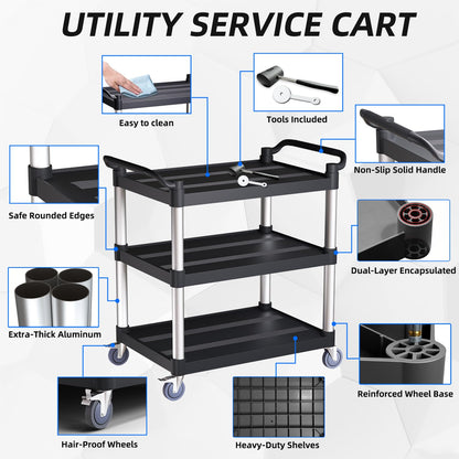 Utility Cart with Tangle-Free Wheels, 3 Tier Rolling Cart with Wheels(2 with Brakes), Heavy Duty 350 Lbs Capacity,Commercial Serving Cart for Home, Office, Restaurant, Warehouse.34 L x 17" W x 38" H